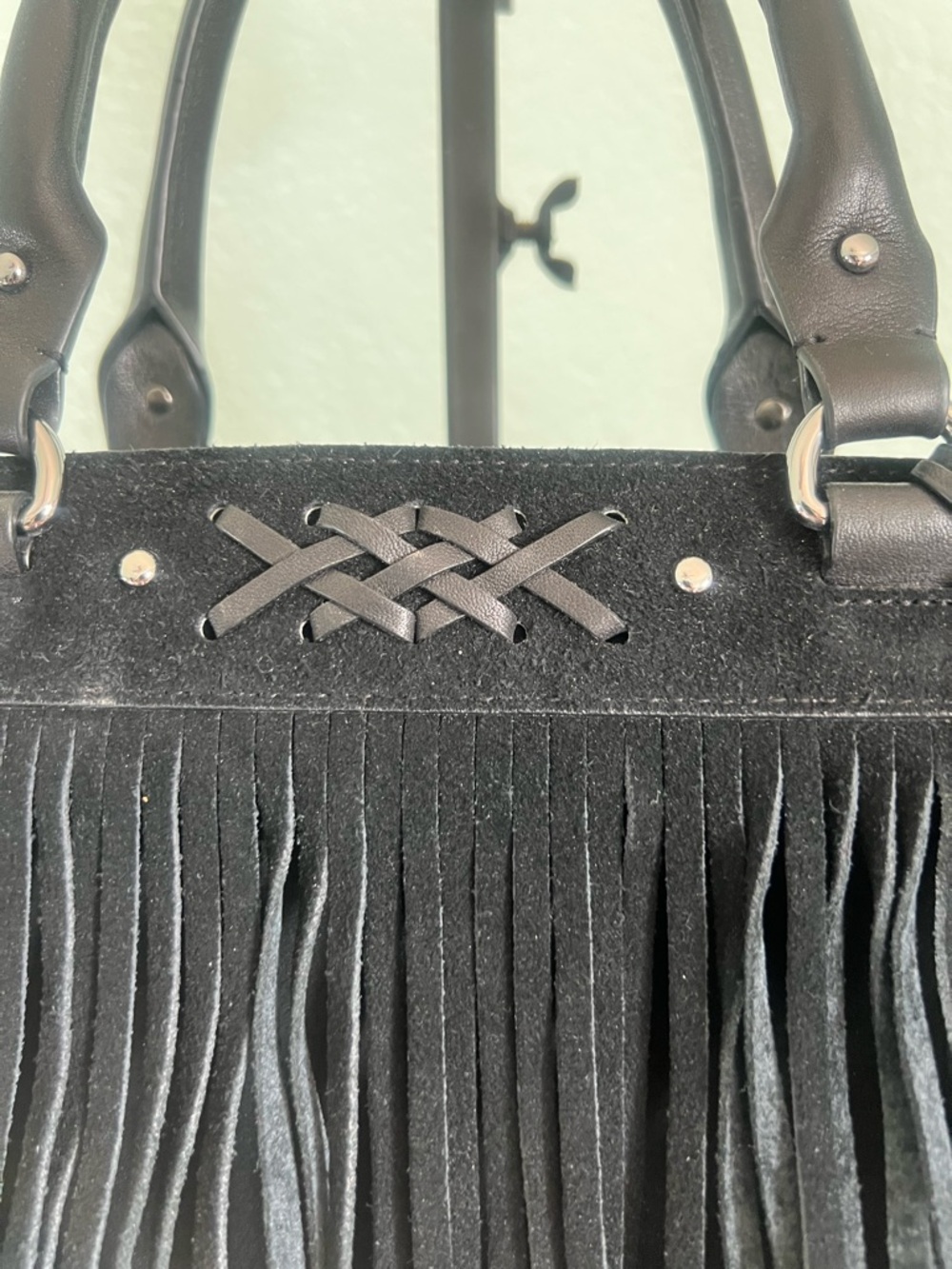 Lauren Ralph Lauren Barton Emery Black Suede Fringe Satchel Tote Western Boho - Picture 3 of 4